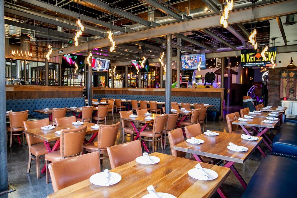 The spacious and stylish dining area sets the scene for a great meal before heading to the lanes for bowling in San Marcos.